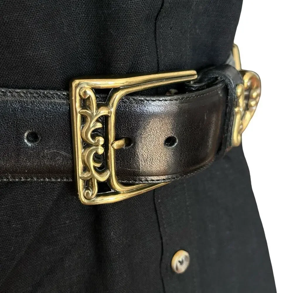 Brighton Black Leather Belt Antique Gold Open Scrollwork Panel Links Size MEDIUM